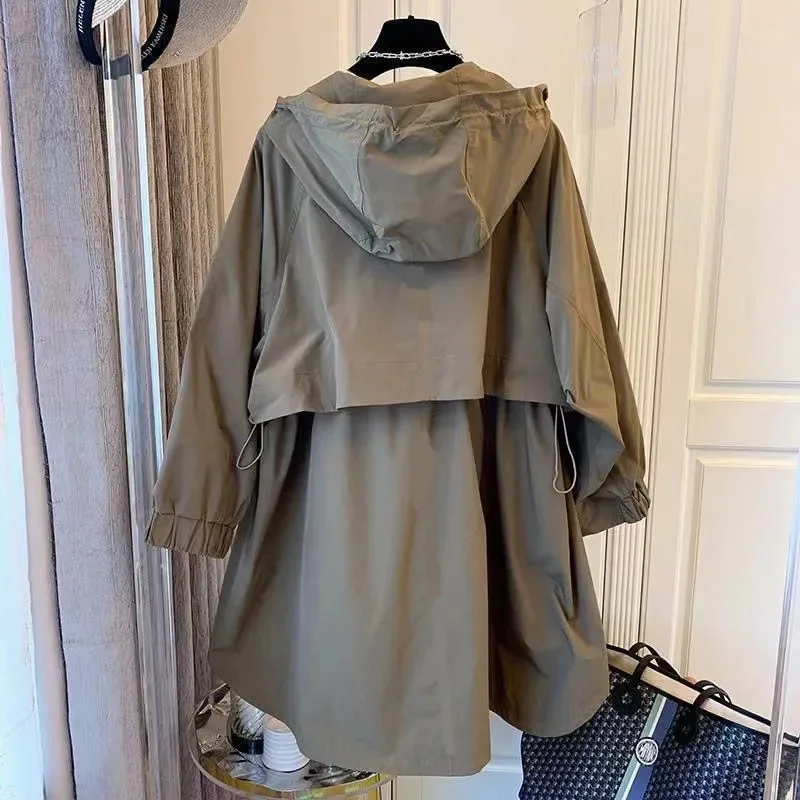 

Designer Niche Windbreaker Coat Female 2026 Spring Autumn New Japanese Jacket Women Casual Long Outwear Splicing Hooded Overwear