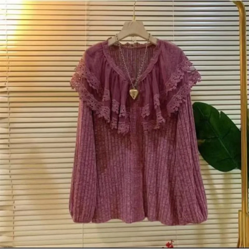 Oversized T Shirt Women's Clothing O-neck Patchwork Lace Long Sleeve Casual Tees Fashion Korean Camisetas Casual Tshirts Tops