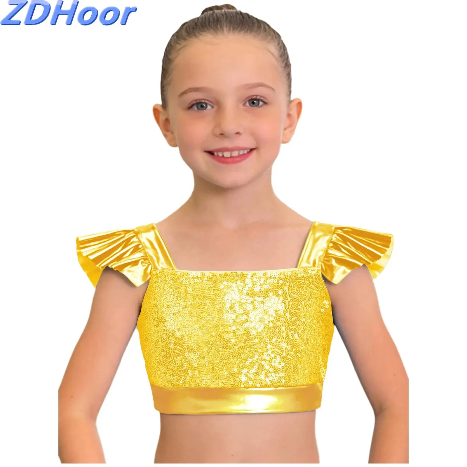 

Детский танцевальный топ для девочек с металлическими пайетками, квадратным вырезом, рюшами на рукавах, блестящий укороченный топ для выступлений