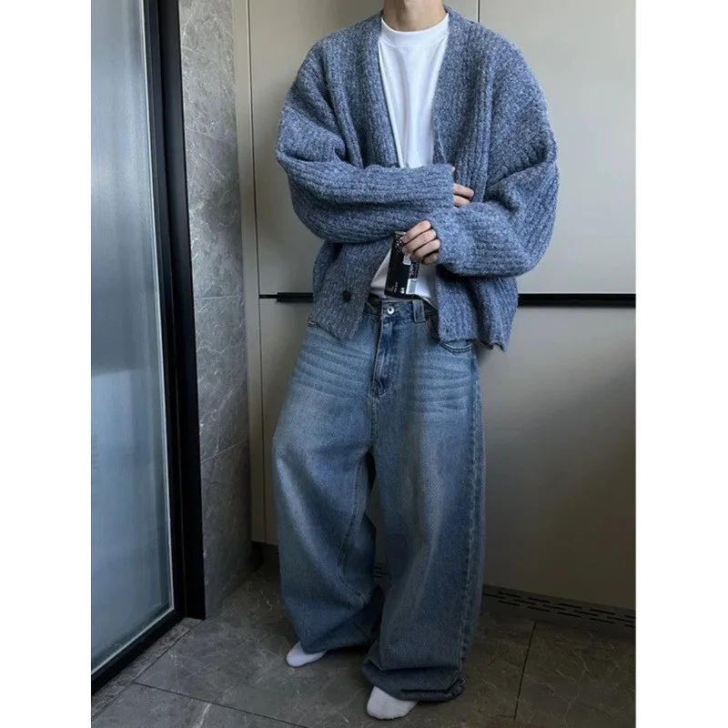 

Retro Loose Heavyweight Color Blo ort Open Cardigan Knitwear Men's American Sle Haome High Quali Thi Yarn Sweater