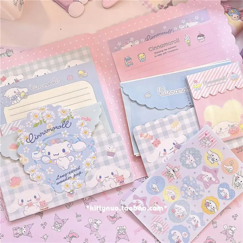 Sanrios Envelope Letter Paper Set Cute Kuromi My Melody Kitty Hand Account Note Paper Sticker Student Greeting Card Holiday Gift