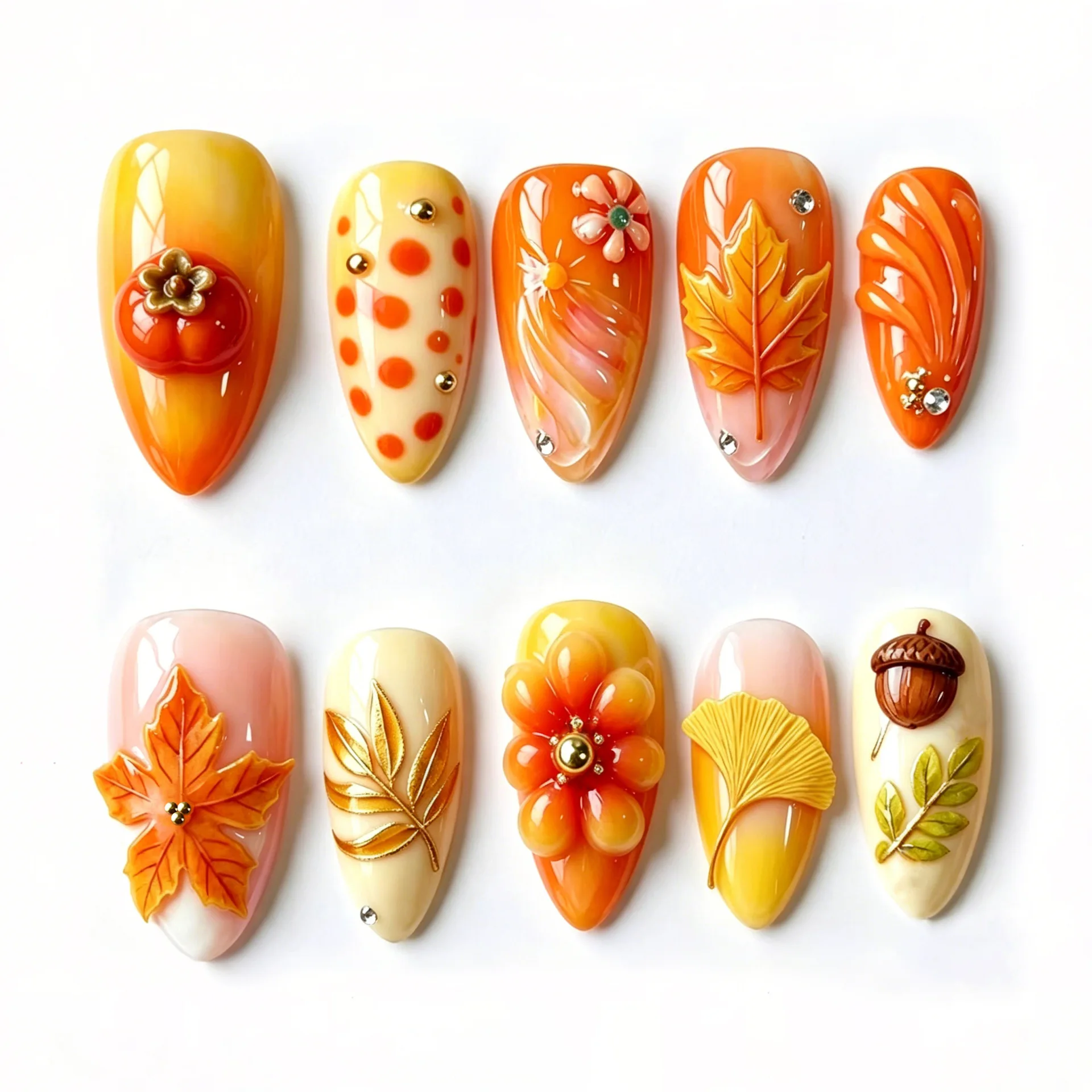 30pcs Autumn 3D Sculpted Press On Nails Maple Ginkgo Leaf Acorn Flower Fake Nail Orange Gradient Almond False Nail for Women