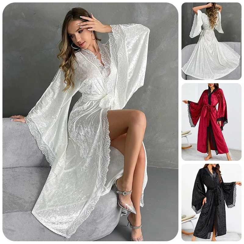Long Velvet Lace Splicing Nightgown with Horn Sleeves Sexy Large Size Loungewear for Autumn Winter L Size Robe White Black Red