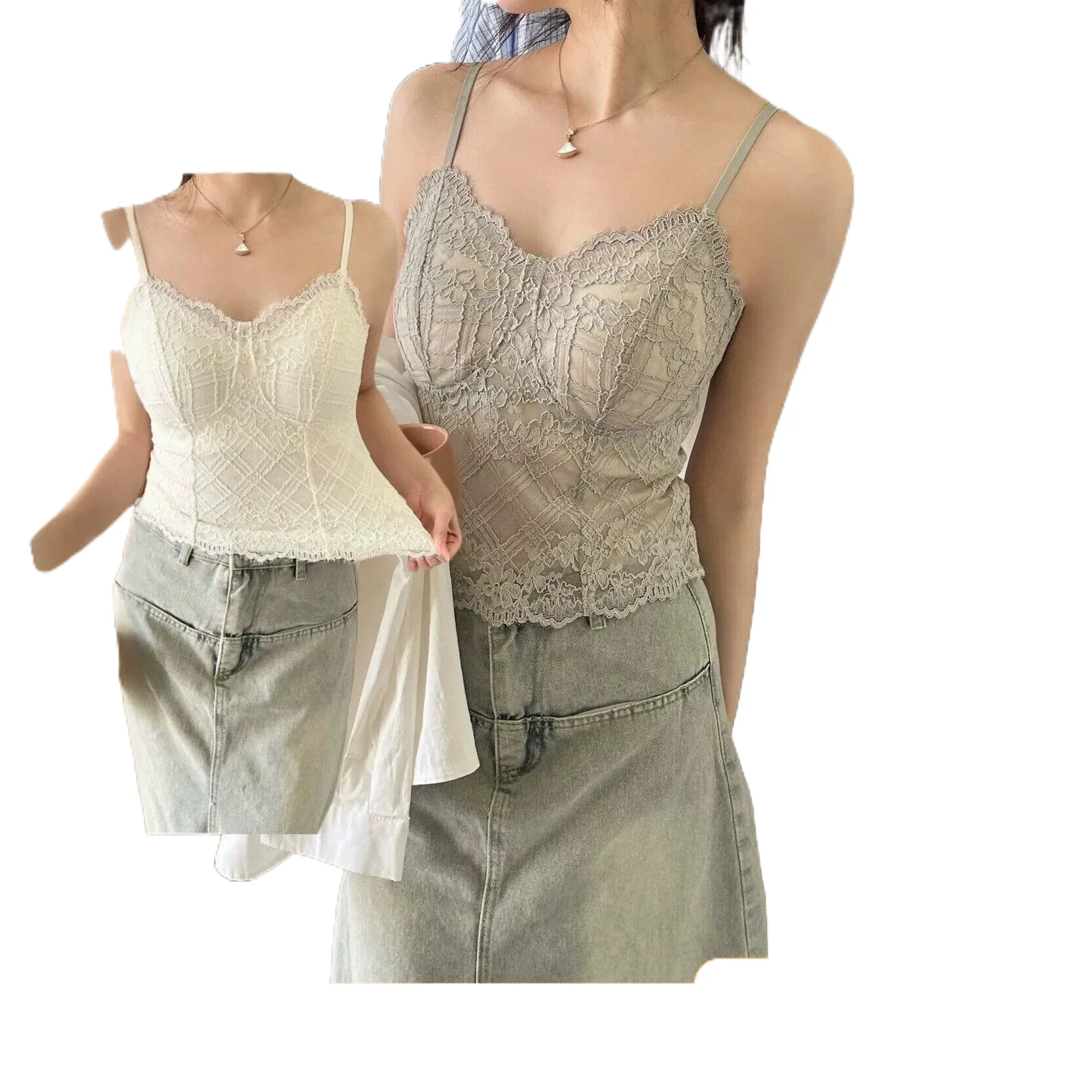 KUCLUT Lace Camisole Tank Top Fixed Cup V-neck Slimming Inner Wear Nylon Fabric Spring Summer Fashion Floral Pattern