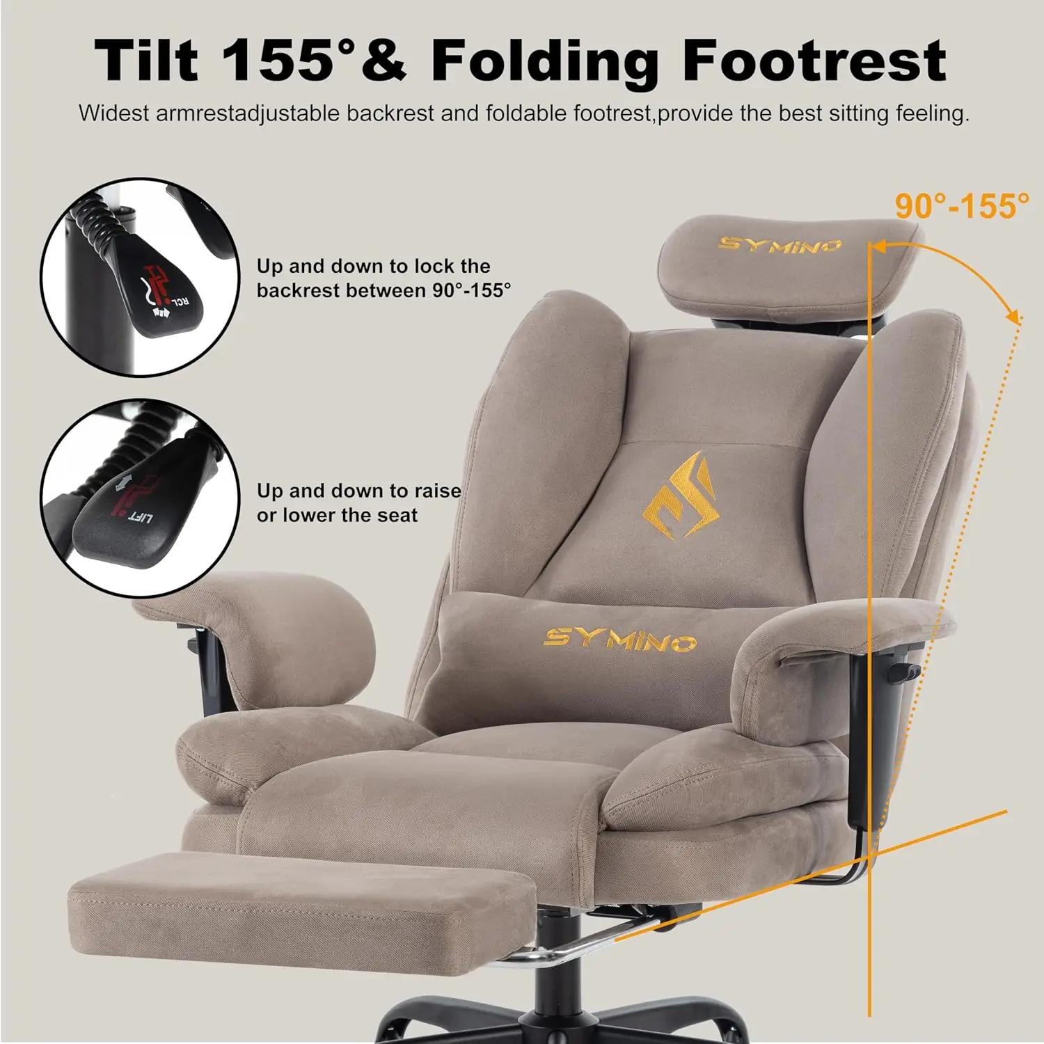 Gaming Chair with Foot Rest, Unique Up/Down Armrests, Twill Fabric Ergonomic High Back Chair, 150° Recline Solid Color Computer view 6