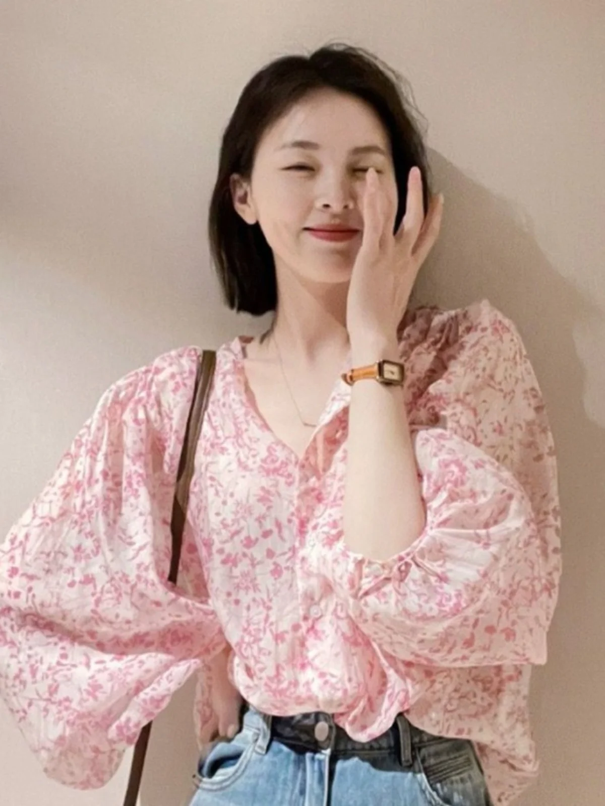 الربيع الصيف الأزهار طباعة فقاعة Sve irt المرأة فضفاضة V-Ne الشمس حماية مفتوحة سترة أعلى ريترو Sle طويل Sve #1