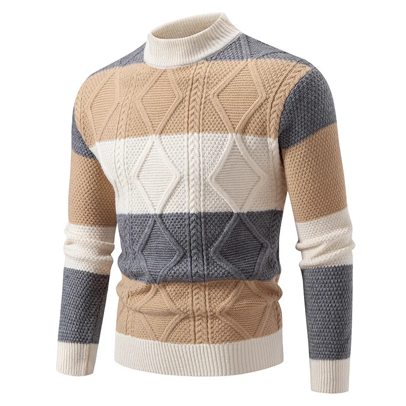 

2025 Mens Autumn Winter New Fashion Trend Color Block Weaving Cotton Knitted Sweater Streetwear