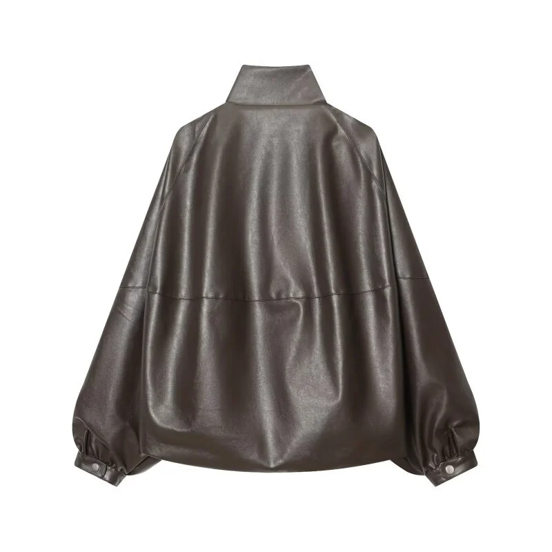 Women's Spring Casual Faux Leather Loose Jacket, batwing sleeve Design, Stylish and All-match for Daily Wear