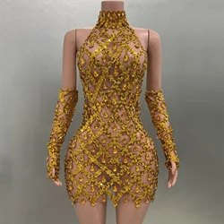 Sexy See-Through Backless Gold Rhinestones Gloves Sheath Dress Evening Party Performance Costume Bar Nightclub Singer Stage Wear
