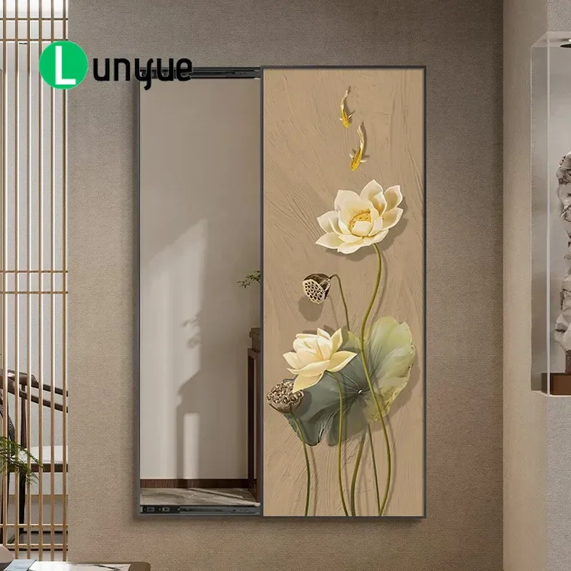 New Chinese Style Lotus Entrance Wall Art Push Pull Full Length Mirror Hidden Decorative Painting for Bedroom Living Room