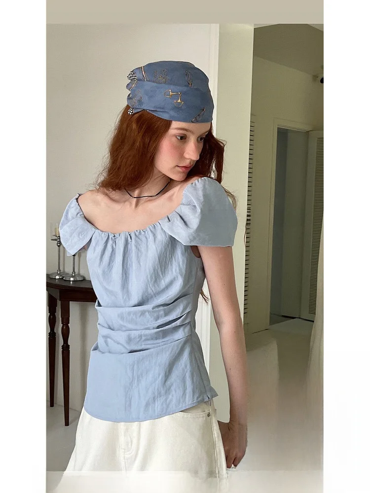 

Nordic Girl Romantic ort Sve T-irt Women's Top Flud Sve One-oulder Vintage Pleated Briti Commute Sle Lo...