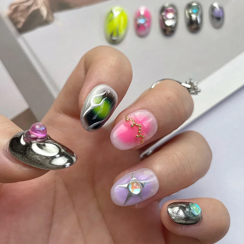 Y2K Short Ellipse Handmade Press On Nails Colorful Hand Drawn Pattern Rhinestone Artifical Acrylic Nail Tip Ring Manicure Suit