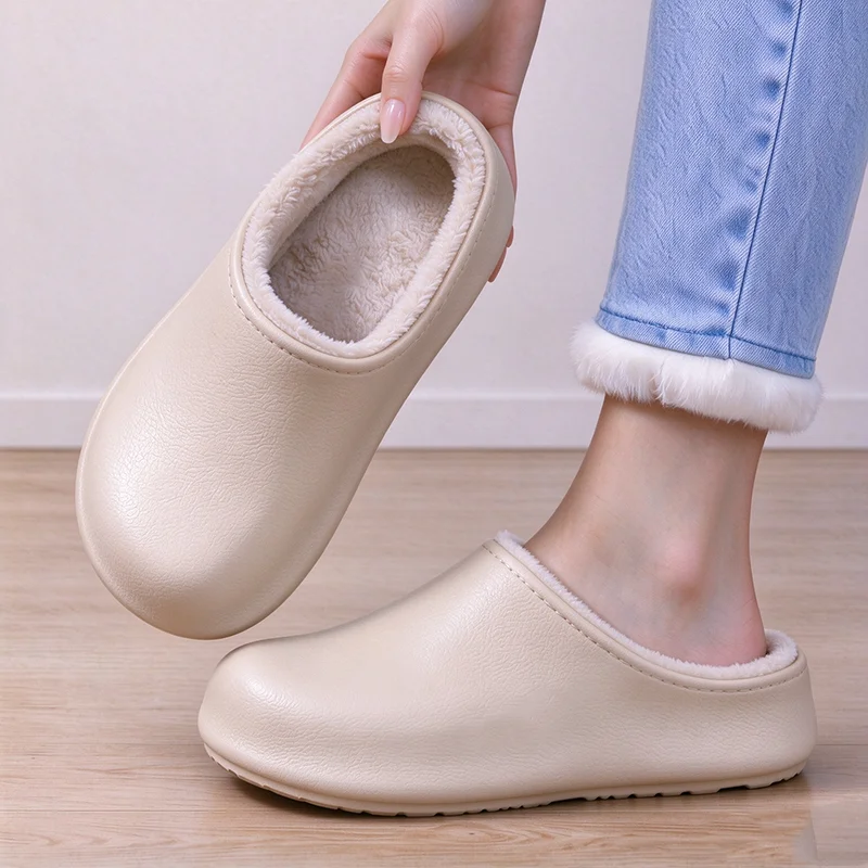 Soft Thick Sole Waterproof Eva Indoor Slippers Women Winter 2026 Comfortable Fleece Mule Slippers Women Warm Plush Home Shoes