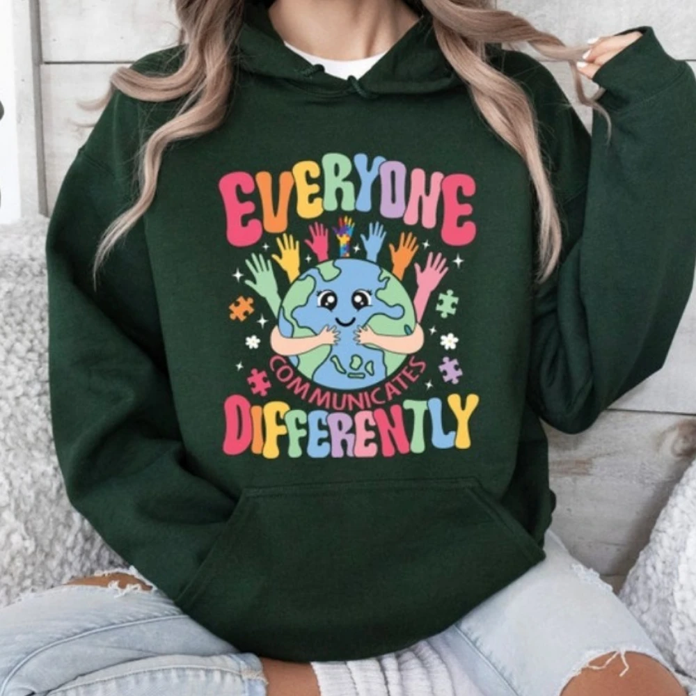 

Everyone Communicates Differently Hoodie Autism Hoodie Autism Awareness Hoodie Interesting and Positive Slogan Prints Pullover