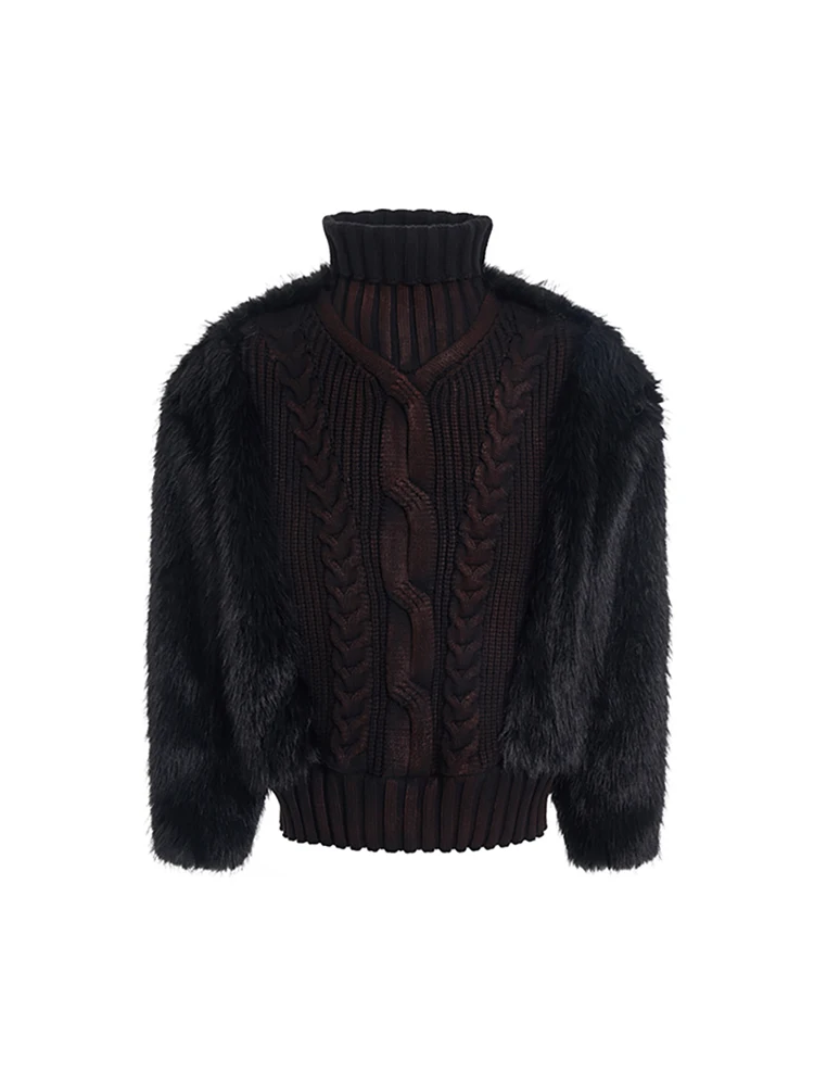 High Street Patchwork High Neck Sweater Men's Autumn and Winter with Thick Velvet Lining and Hand-painted Knitted Sweater Tops