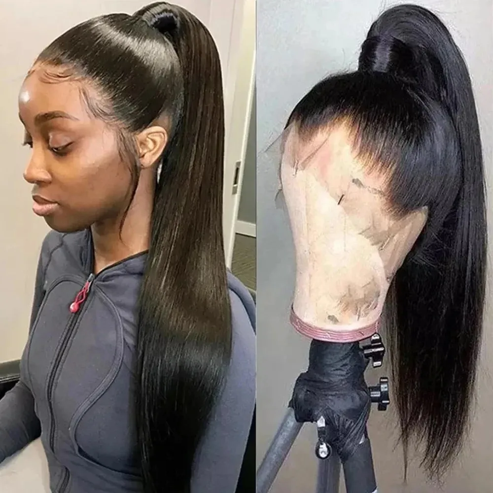 Perruque Lace Frontal Wig sans colle lisse, 13x4, Hd, noire, naturelle, transparente, pour Cosplay, usage quotidien