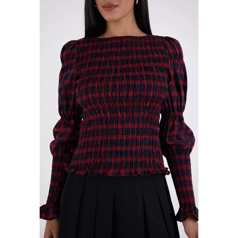 Women's Y2k Vintage Plaid Print Frill Trim Tops Ruffled Flare Puff Long Sleeve Boat Neck Slim Shirred Smocked Blouse