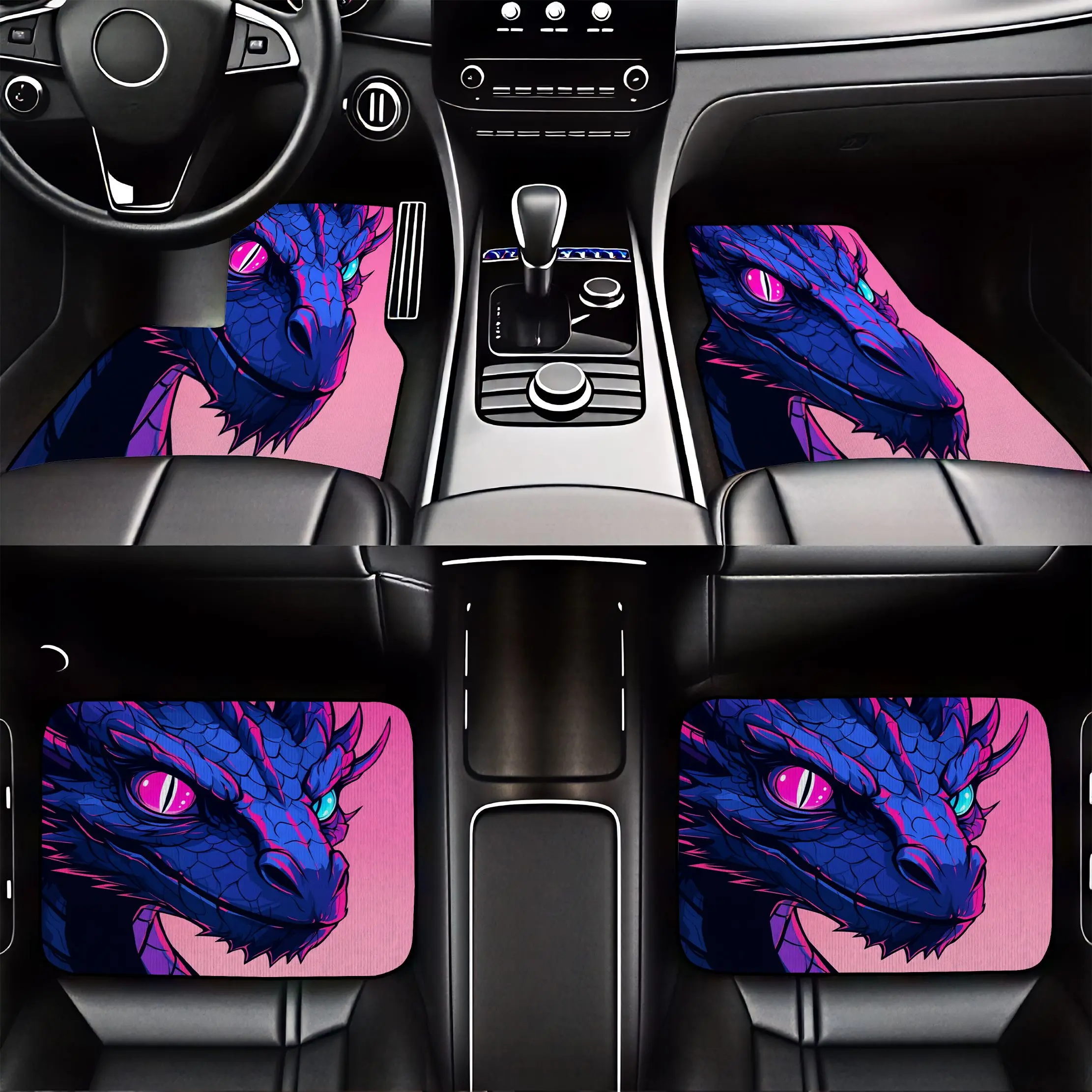 4pcs Blue Dragon With Pink Eyes Pattern Crystal Velvet Car Floor Mats - Dustproof Durable Fantasy Style Suitable For Sedan Truck
