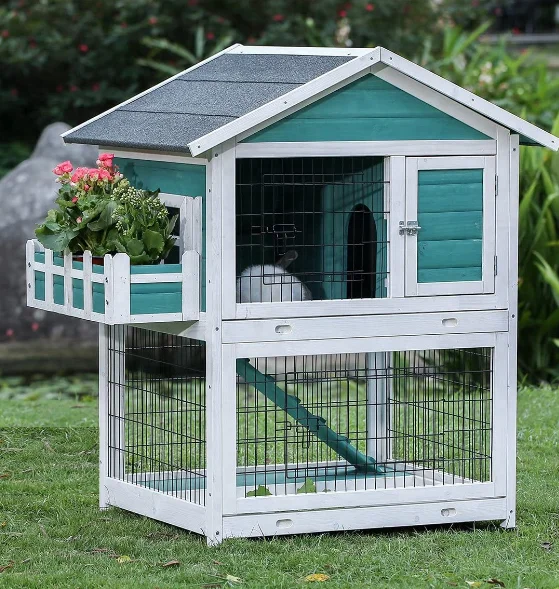 

House Cage Outdoor Guinea Pig Cage on Wheels Bunny Cage Pet Rabbit Hutch Wooden With Pull-out Tray Chicken Coop Waterproof Roof