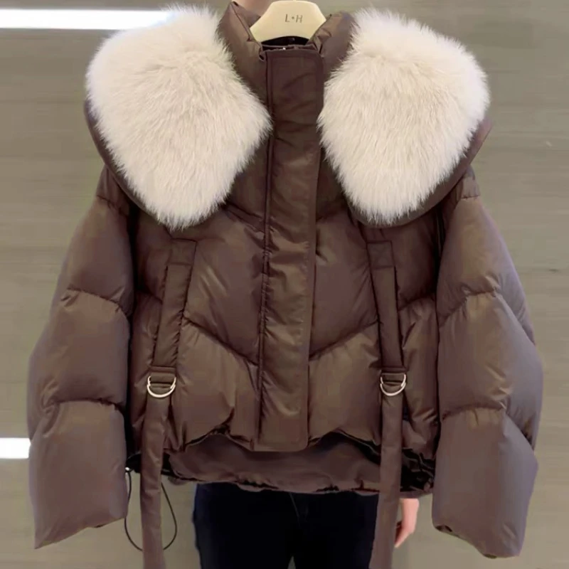 Ladies Vintage Short Warm Puffer Coat Loose Female Parka Outerwear New in Winter Korean Fashion Fur Collar Women White Jacket