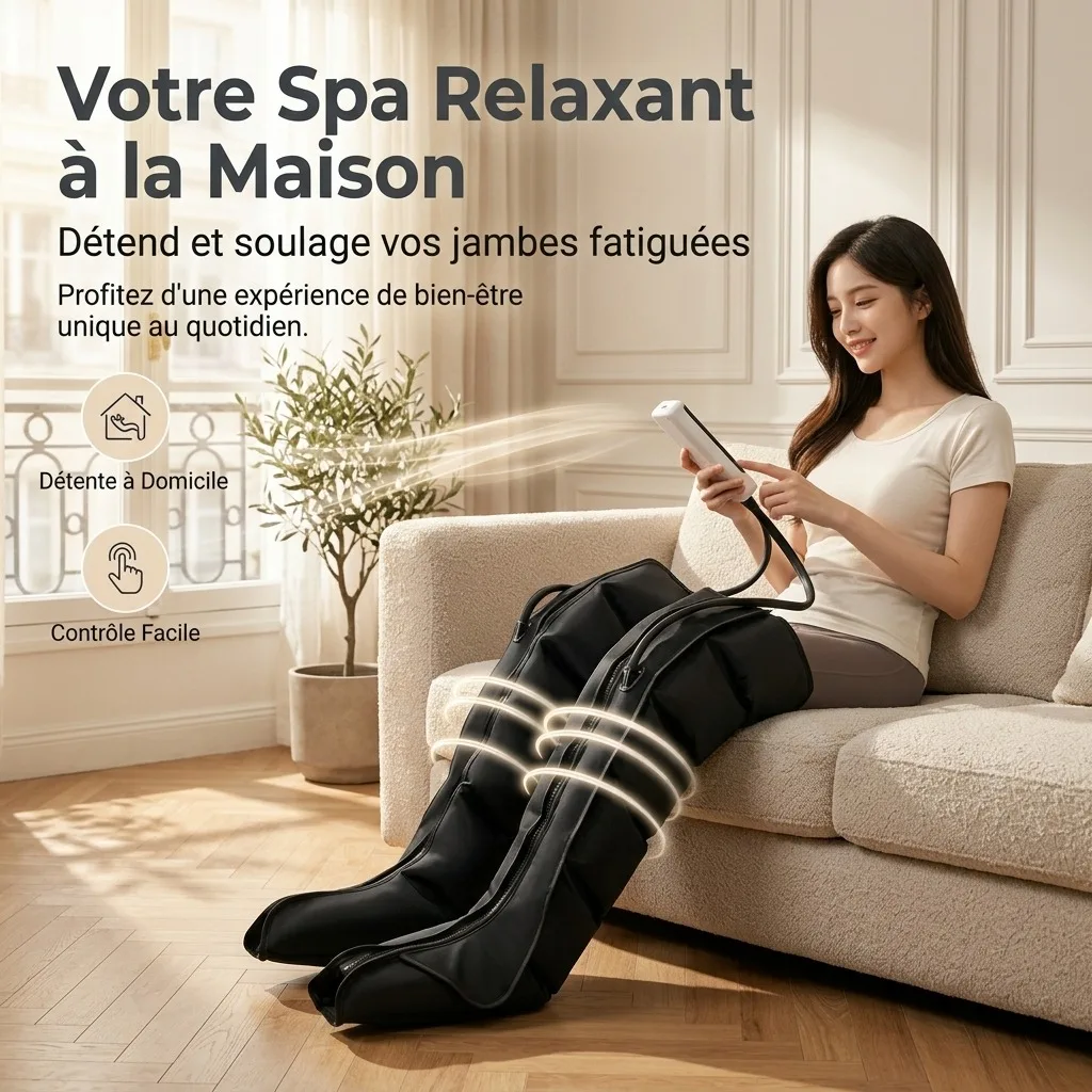 Massageur de Jambes à Pression d'Air, Bottes de Massage Circulation Pieds, Pétrissage Compression Relaxation Mollets, Télécommande, Niveaux Réglables, Minuterie Automatique.