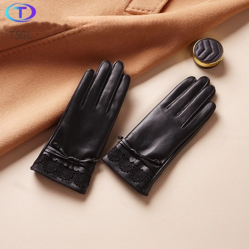 

High Quality Leather Female Fashion Winter Warm Black Lace Cycling Gloves Women Driving Touch Phone Screen Glove Mittens