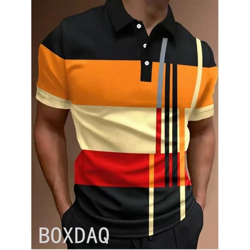 3D Colorful Stripe Pattern Print Polo Shirt Short Sleeve Laper With Button Sport Polo Shirt Plus Size Men's Harajuku Casual Polo