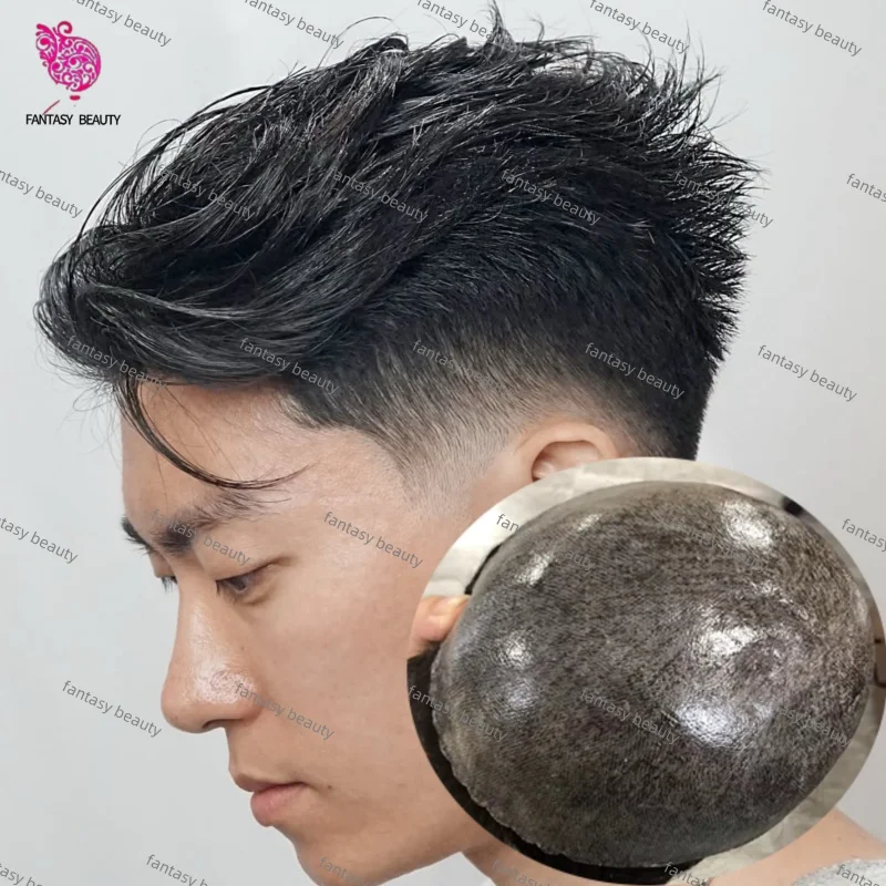 شعر مستعار ميكروسكين للرجال 0.1 ملم خط شعر طبيعي # 1ب # 1B20 # 1B80 حقن غير مرئي أسود رمادي 30 مللي متر موجة شعر الإنسان الذكور الرجال الشعر المستعار