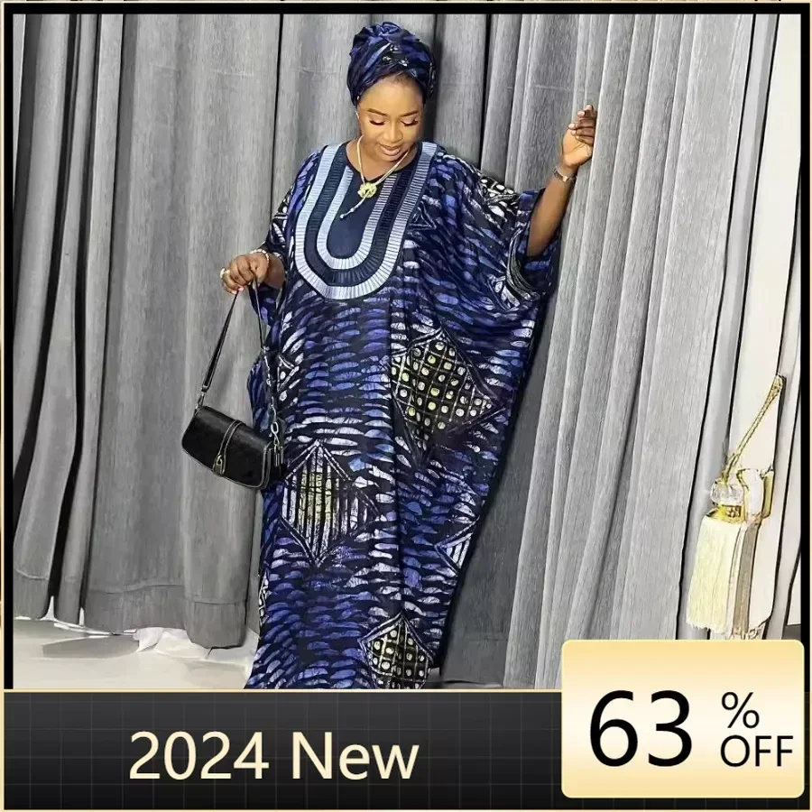 

African Dresses For Woman Bazin Riche Embroidery Design Long Dress With Scarf