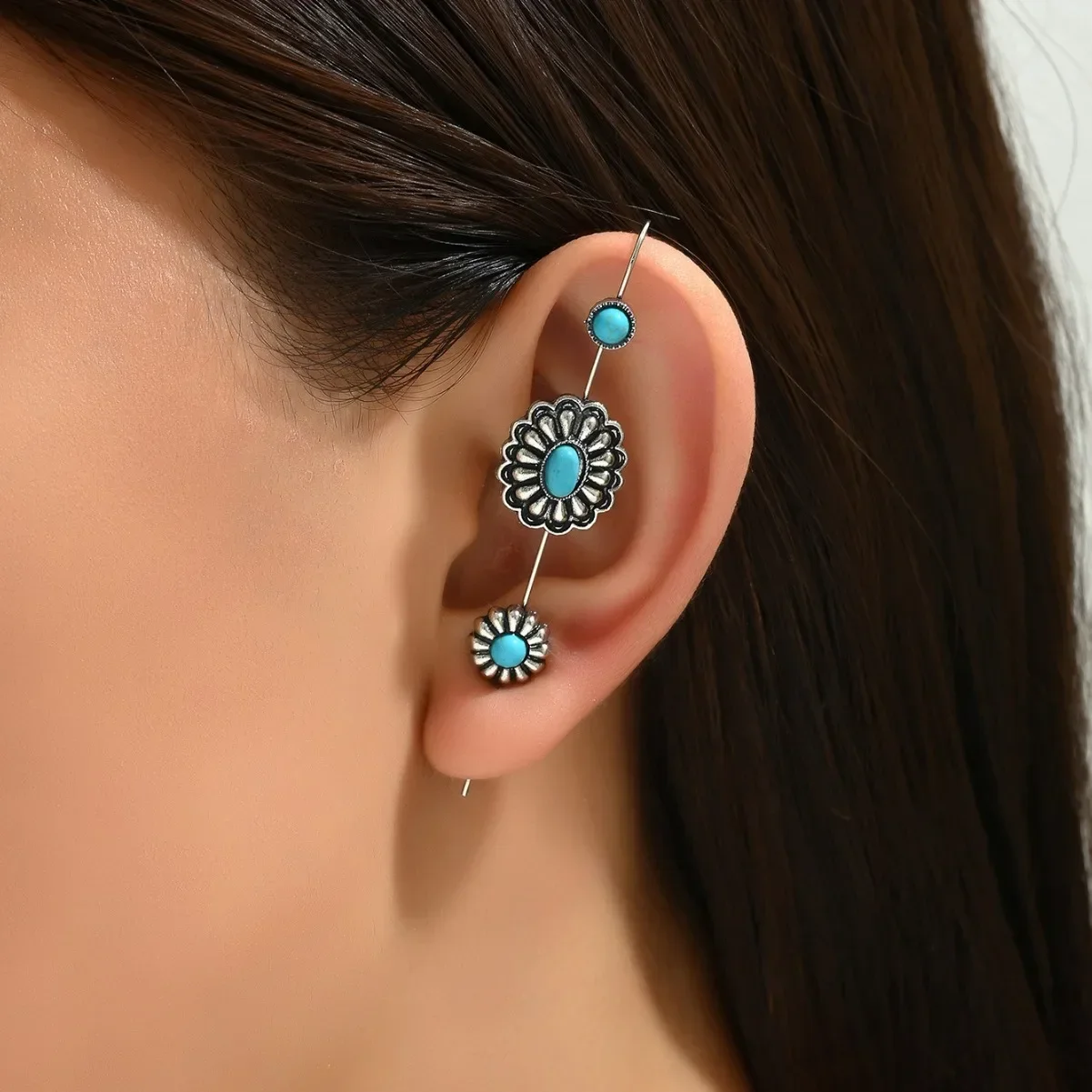 1pc Western Antique Silver Color Turquoise Stone Long Pin Stud Earring for Women Green Turquoise Stone Pin Earring