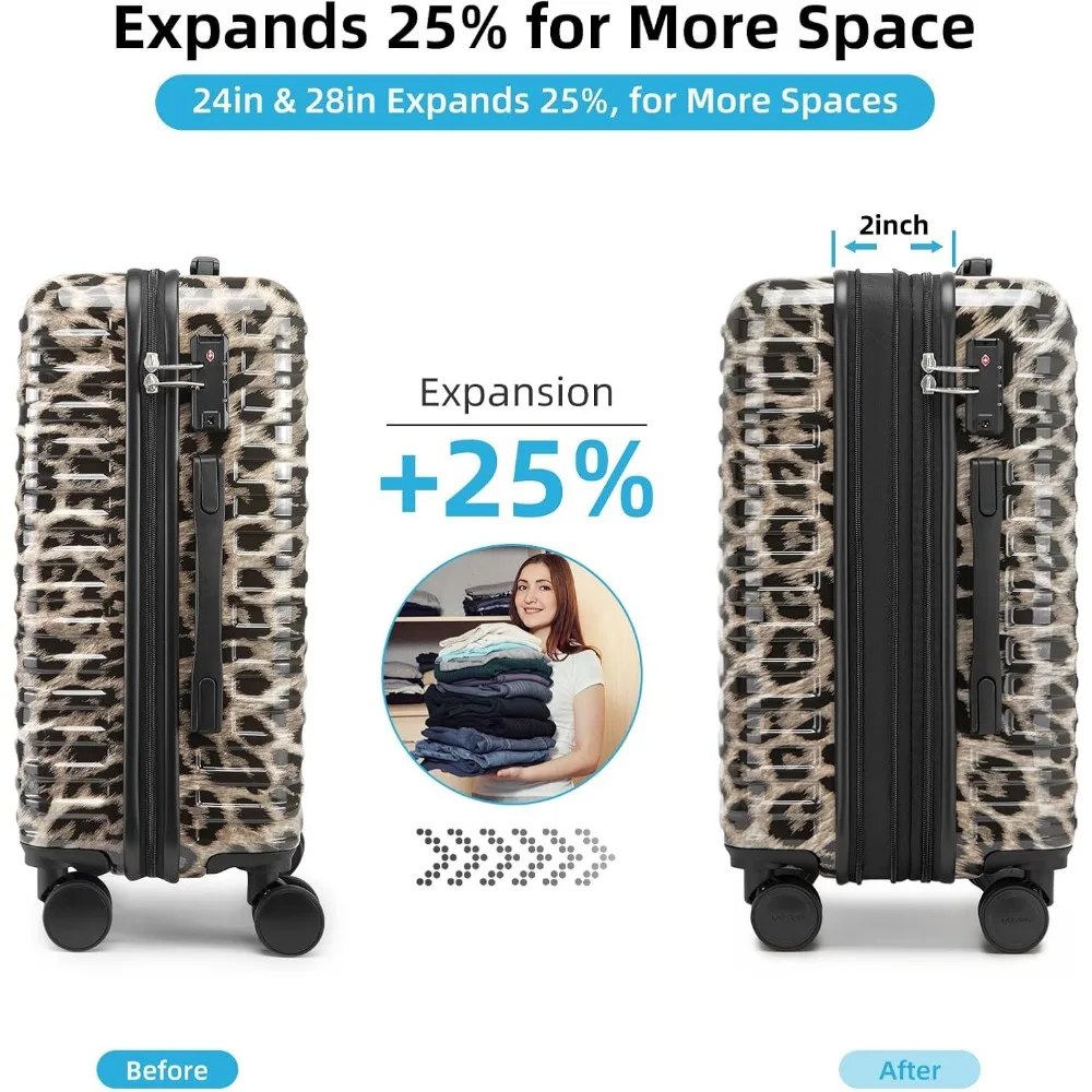 Erweiterbares Hardshell-PC+ABS-Gepäckset – 6-teiliges Leopardenmuster mit Spinnerrädern, TSA-Schloss, leichter Rollkoffer für