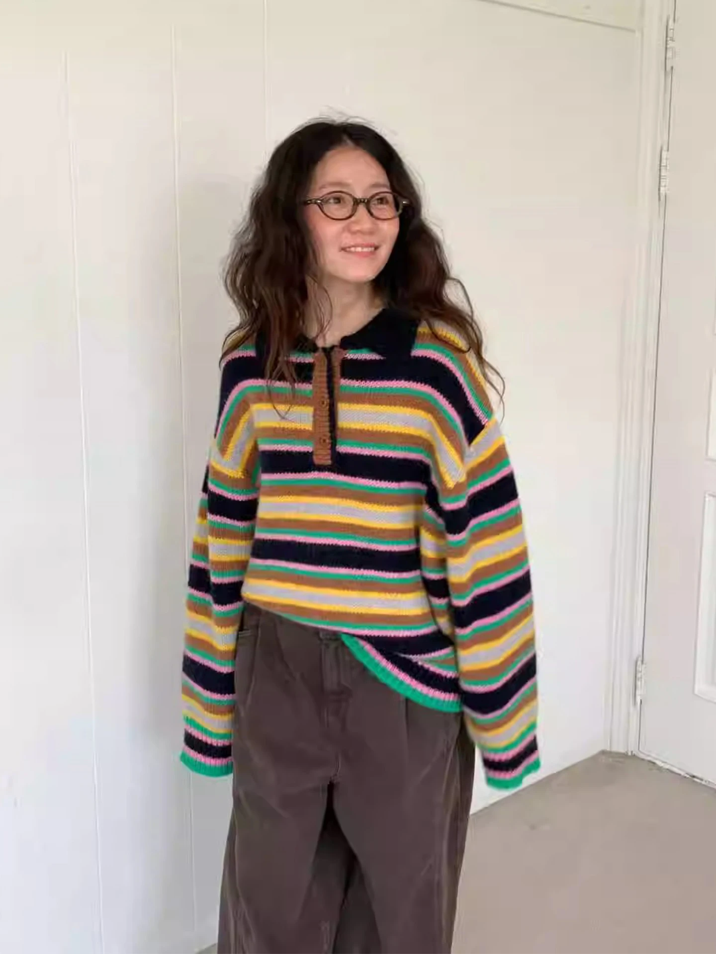 

Clothland Women Sweet Striped Loose Sweater Polo Neck Long Sleeve Oversized Pullover Female Chic Tops Mujer HA633