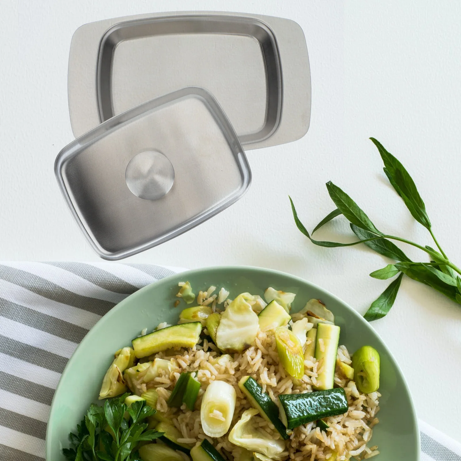 

Butter Container Stainless Steel Food Tray Smooth Edge Removable Lid Handle For Kitchen Storage Bread Dessert Holder