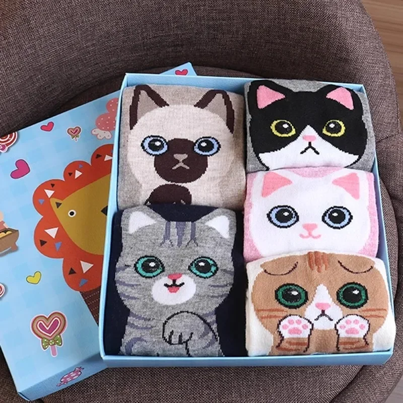 5Pairs INS Style Harajuku Kawaii Soft Cute Cat Dog Boat Socks Korean Cartoon Comfort Breathable Odorless Pure Cotton Socks Women