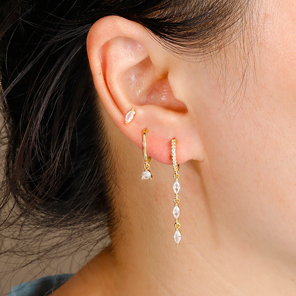 3pcs Vintage Stainless Steel Tassel Geometric Pendant Earrings Set for Women Gold Plated Zircon Cartilage Piercing Ear Jewelry