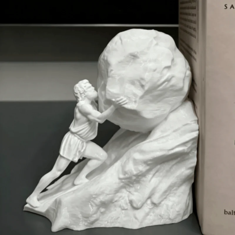 White stone-pushing figure sculpture bookshelf, modern artist home decoration sculpture, desktop ornament, collectible gift.