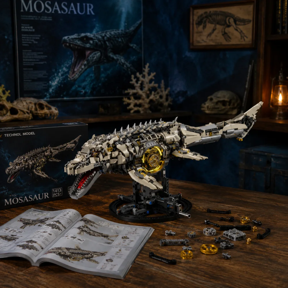 

NEW Technical Mosasaurus Building Blocks Creative Ancient Marine Animal Model with Light Birthday Gifts Toy For Kids 1413pcs