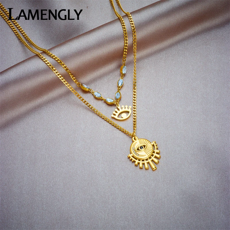 LAMENGLY 316L Stainless Steel Retro Eyes Pendant Necklace For Women New High Quality Neck Chain Waterproof Jewelry Party Gift