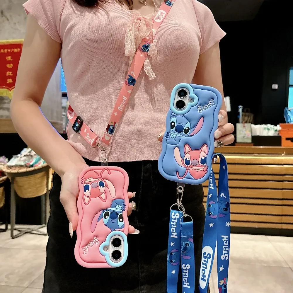Kawaii Stitch Angel Couple Phone Case for IPhone 16 15 14 13 12 11 Pro Max Plus Camera Bumper Shock Protection Matte Cover Coque