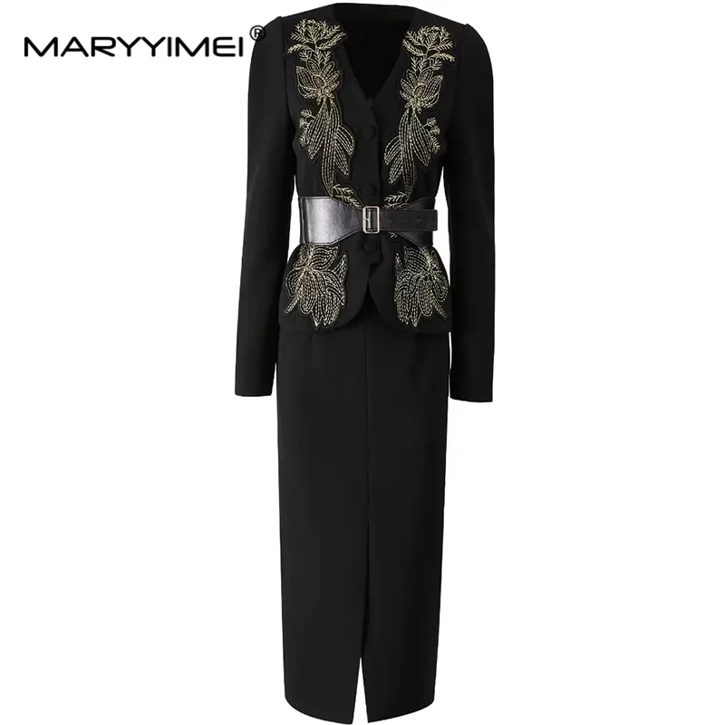 MARYYIMEI Fashion Runway Autumn Winter Suit Lace-Up V-Neck Embroidery Design Tops+Pretty Slim-Fit Hip Wrap skirt 2 piece set