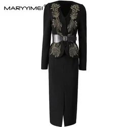 MARYYIMEI Fashion Runway Autumn Winter Suit Lace-Up V-Neck Embroidery Design Tops+Pretty Slim-Fit Hip Wrap skirt 2 piece set