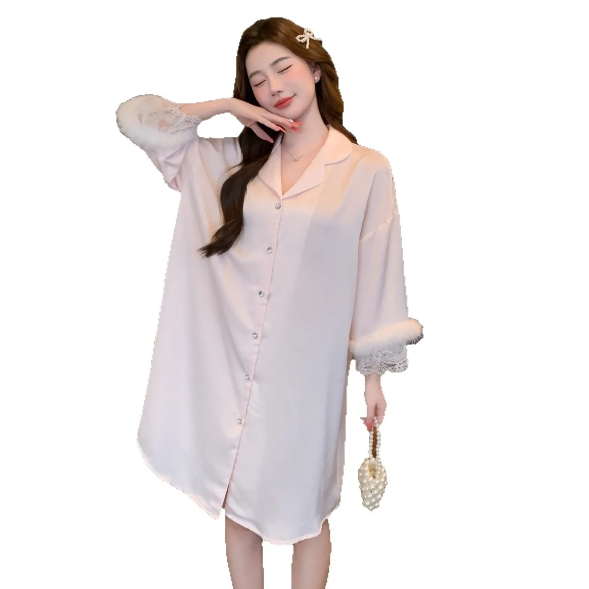 

Ice and Snow Silk Thin Soft Premium French Lace Solid Color Shirt Casual Sexy Back Hollow Nightdress Cw43031