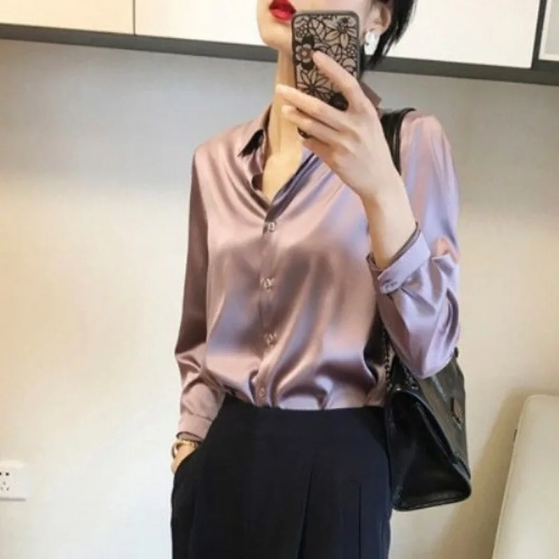 Luxury Brands Shirts Women Silk Shirts Blouse Office Ladies Single-breasted Long Sleeve Tops Mujer White Black Gold Green Purple