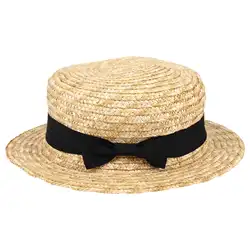 Cute Child Girls Straw Hat Bowknot Sun Hat Kids Large Brim Beach Summer Boater Beach Ribbon Round Flat Top Fedora Hat
