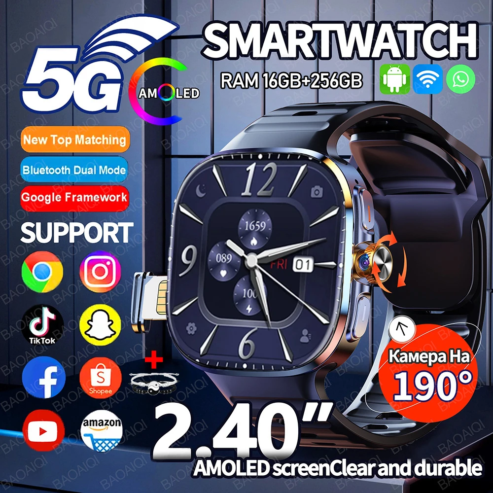 

5G/4G Full Network Smart Watch 720*720 AMOLED Screen 16GB+256GB RAM Video Call 900W Camera GPS WIFI Google 2100 mAh Smartwatch