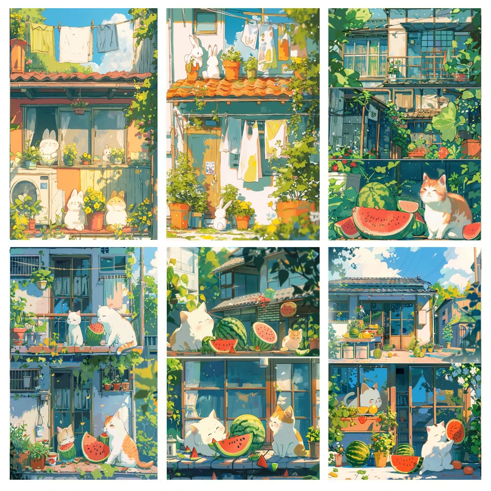 Hand Painted Storyboard Cat And Rabbit Animals House Landscape Painting by Numbers DIY Canvas Art Home Decoration Gift Kit