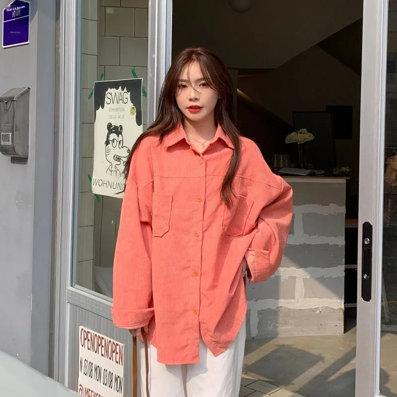 

Женская повседневная свободная рубашка из вельвета с длинным рукавом, весна-осень, новинка, модный топ, кардиган средней длины с открытым передом