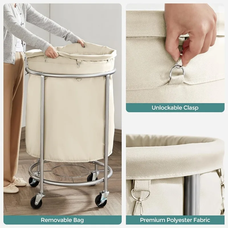 Laundry Basket w/Wheels, Rolling Laundry Hamper, 45 Gal., Round Laundry Cart w/Steel Frame, Removable Bag, 4 Casters & 2 Brakes