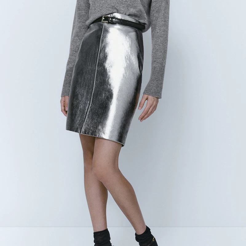 Real Leather Skirts for Woman 2023 Spring Silver Simple Fashion Slim Jupe Femme Metallic Sheen Sheepskin Short Wrap Hip Skirt