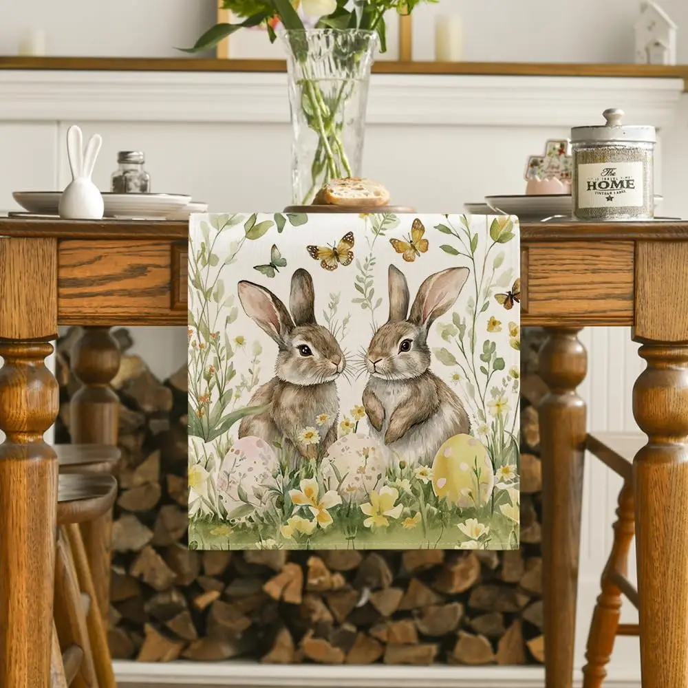 Easter Bunny Eggs Butterfly Floral Linen Table Runner Holiday Party Decor Spring Kitchen Dining Table Runner Easter Decorations